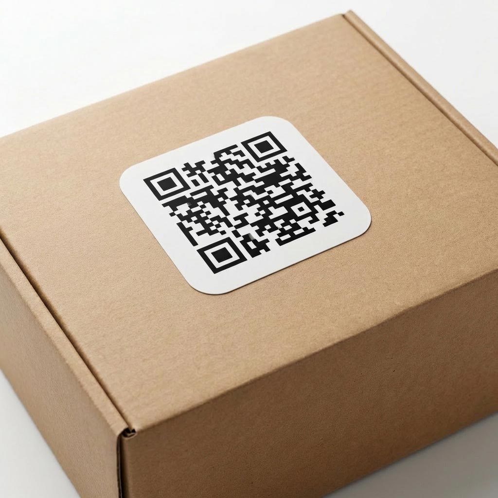 QR code αυτοκόλλητο branding σε χάρτινο κουτί
